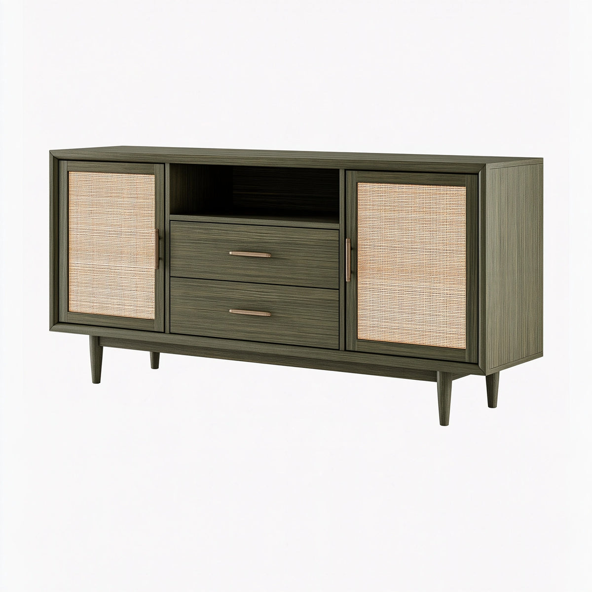 Buffet 160 x 40 x 85 cm en bois vert foncé et cannage naturel - rangement style rétro