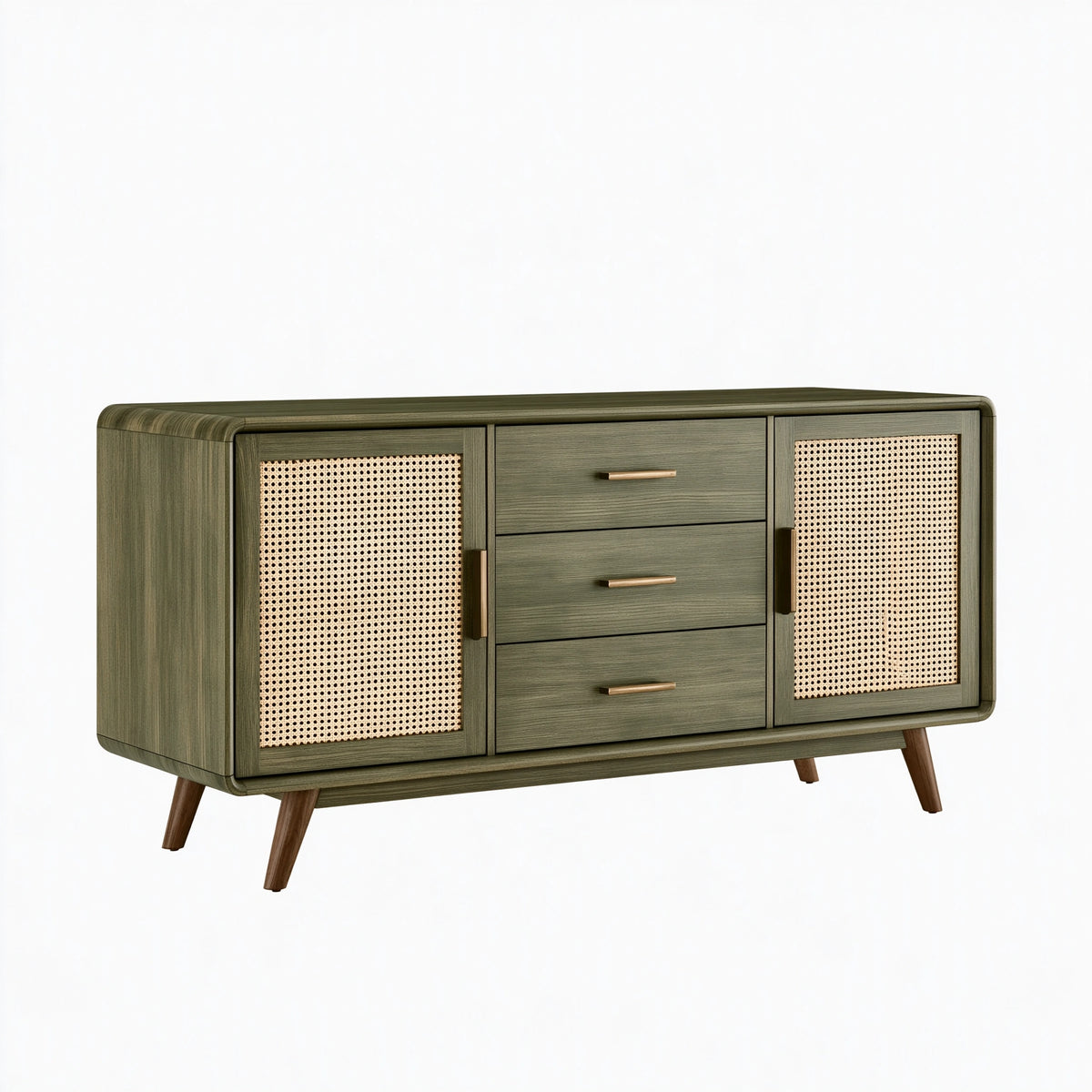Buffet bas 160 x 40 x 85 cm en bois vert avec cannage style rétro rangement