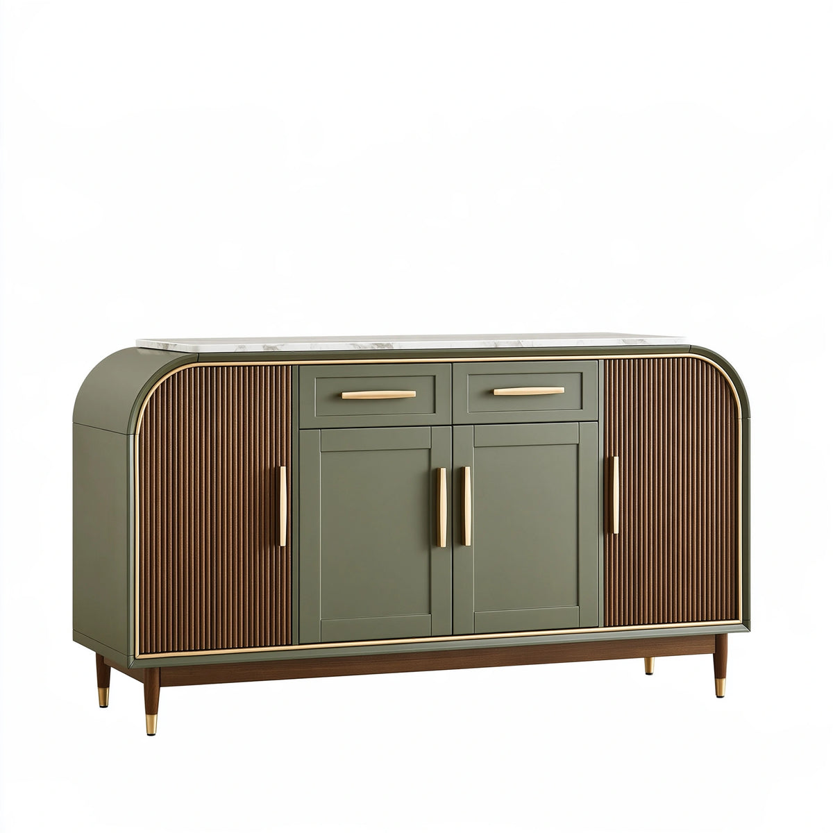 Buffet 160 x 45 x 90 cm en bois vert olive et brun avec plateau aspect marbre style Art déco