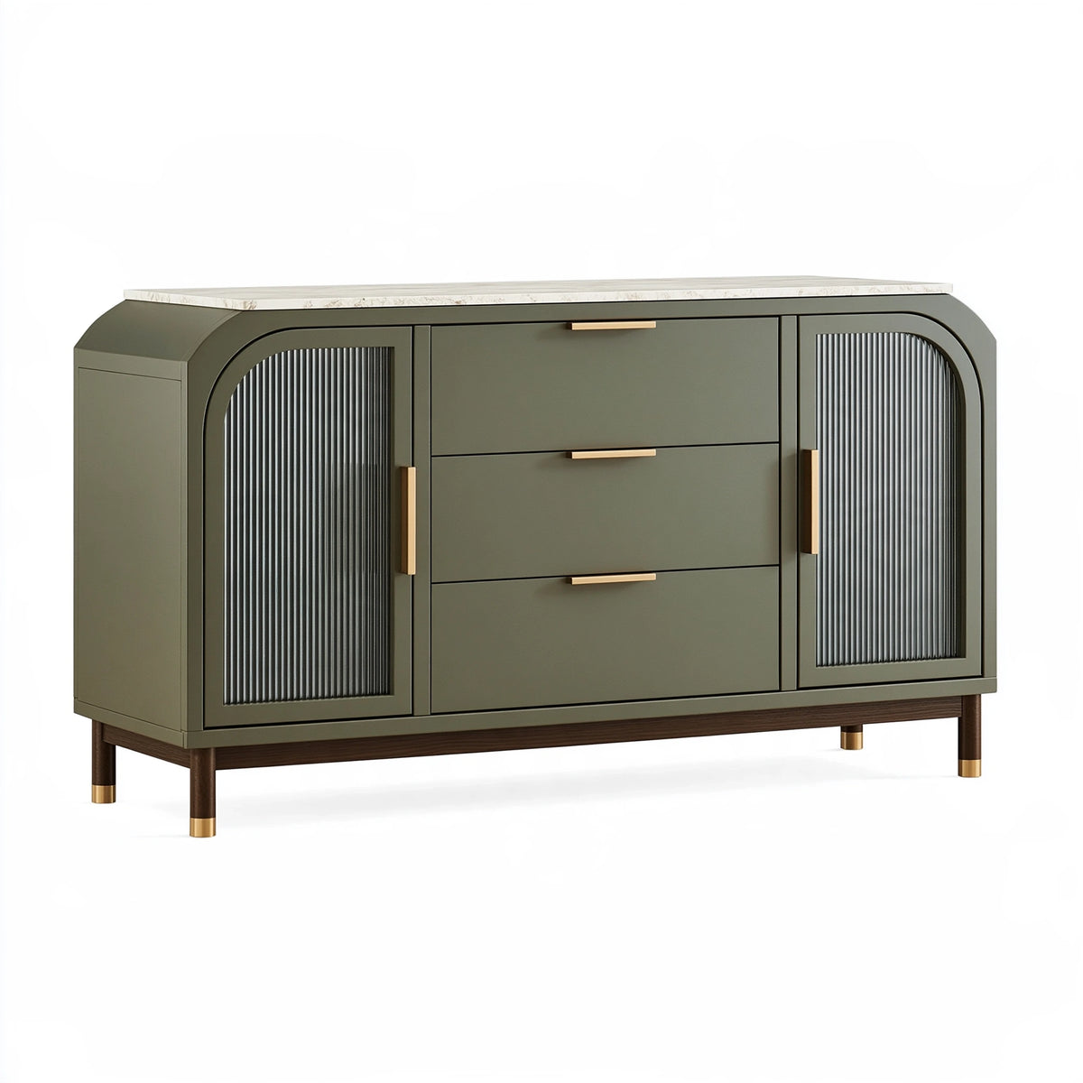 Buffet 160 x 45 x 90 cm en bois vert olive avec rangement et plateau aspect marbre