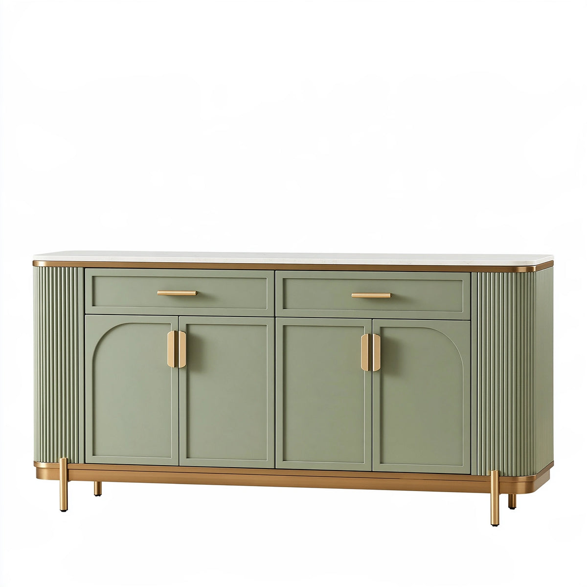 Buffet 160 cm vert sauge et doré en bois avec plateau aspect marbre - rangement moderne