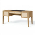 Bureau 140 x 60 cm en bois beige avec cannage et surface d écriture noire style vintage