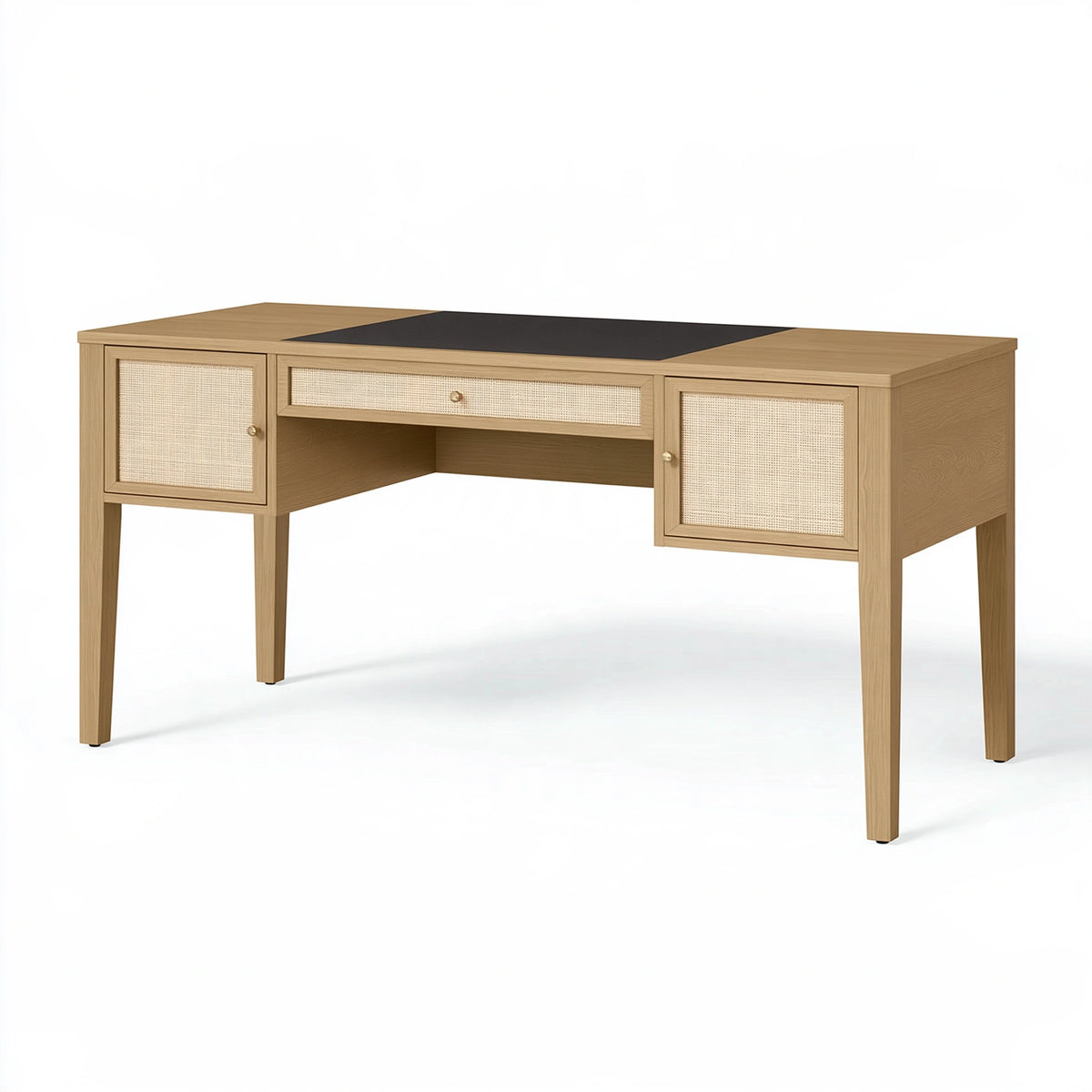 Bureau 140 x 60 cm en bois beige avec cannage et surface d écriture noire style vintage