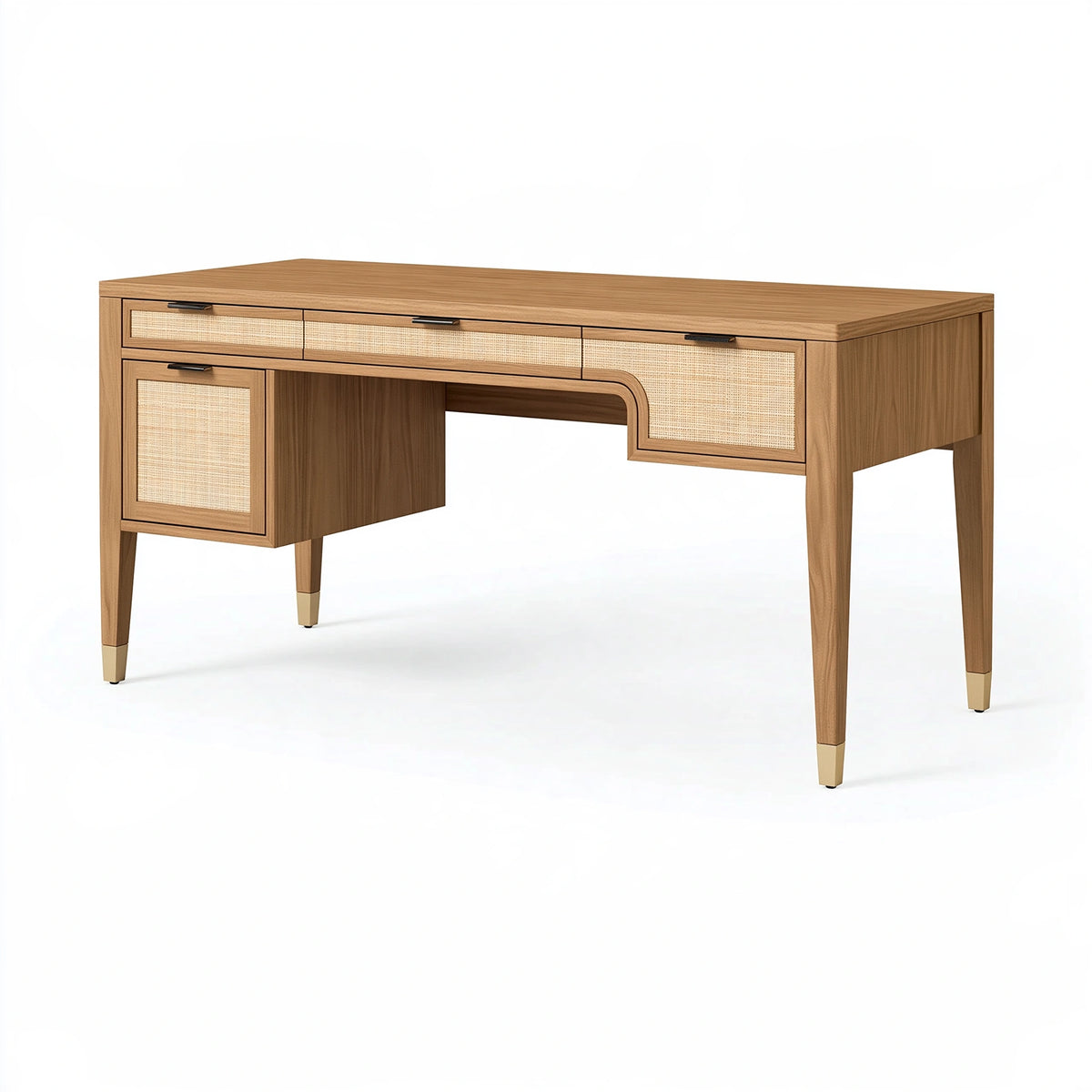 Bureau 140 x 60 x 76 cm en bois marron avec cannage - rangement contemporain