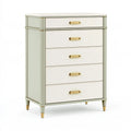 Commode 80 cm 45 cm 120 cm en panneaux de bois blanc ivoire et vert sauge à 5 tiroirs style contemporain
