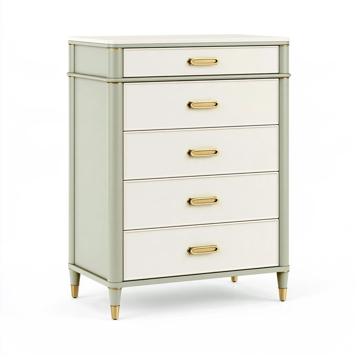 Commode 80 cm 45 cm 120 cm en panneaux de bois blanc ivoire et vert sauge à 5 tiroirs style contemporain