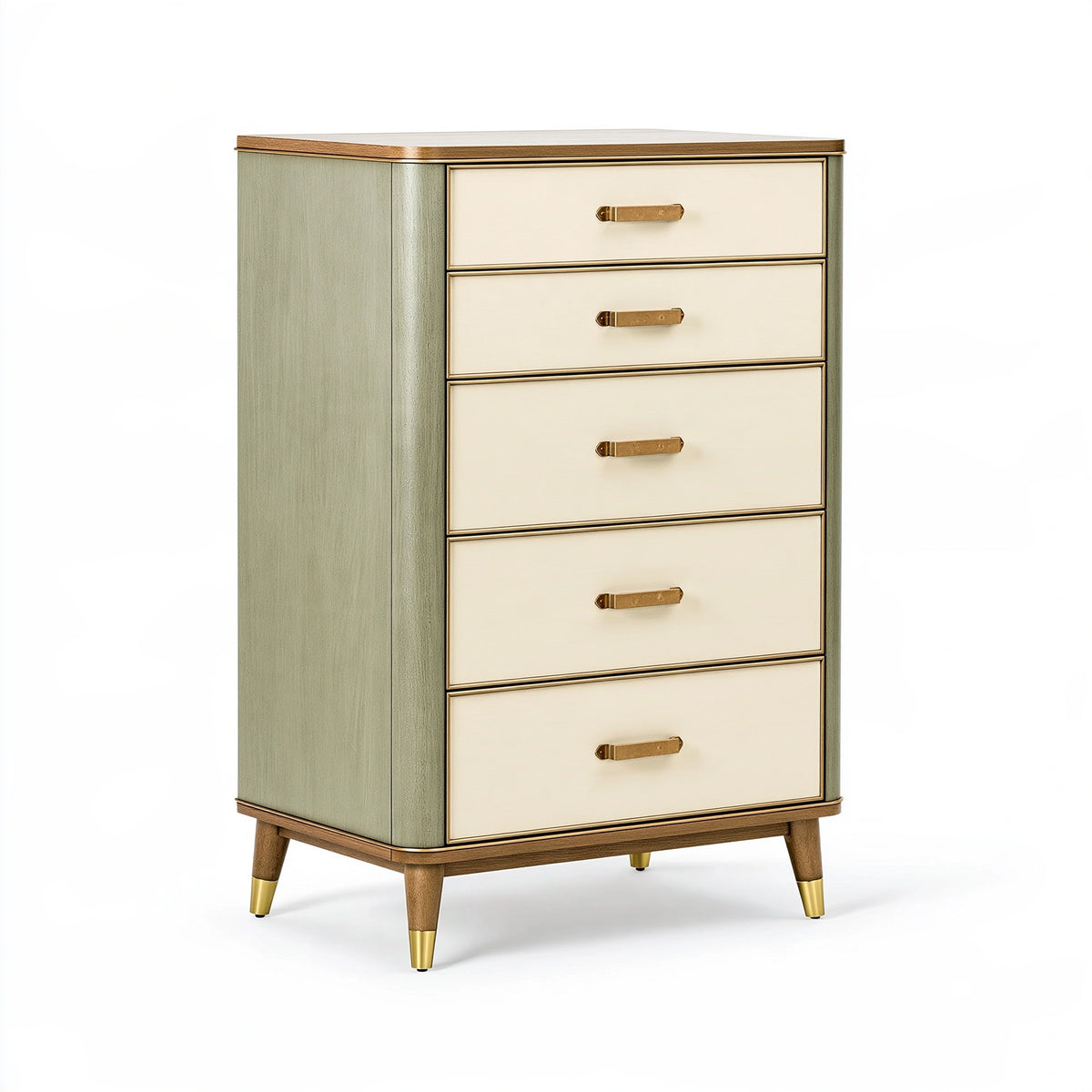Commode 80 x 45 x 120 cm en bois vert sauge et crème avec 5 tiroirs style rétro