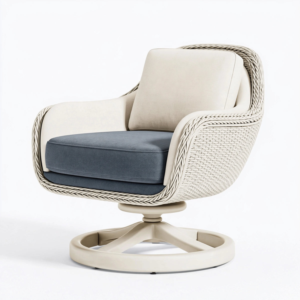 Fauteuil pivotant 82 x 80 x 92 cm en fibres tressées beige et coussins gris style contemporain