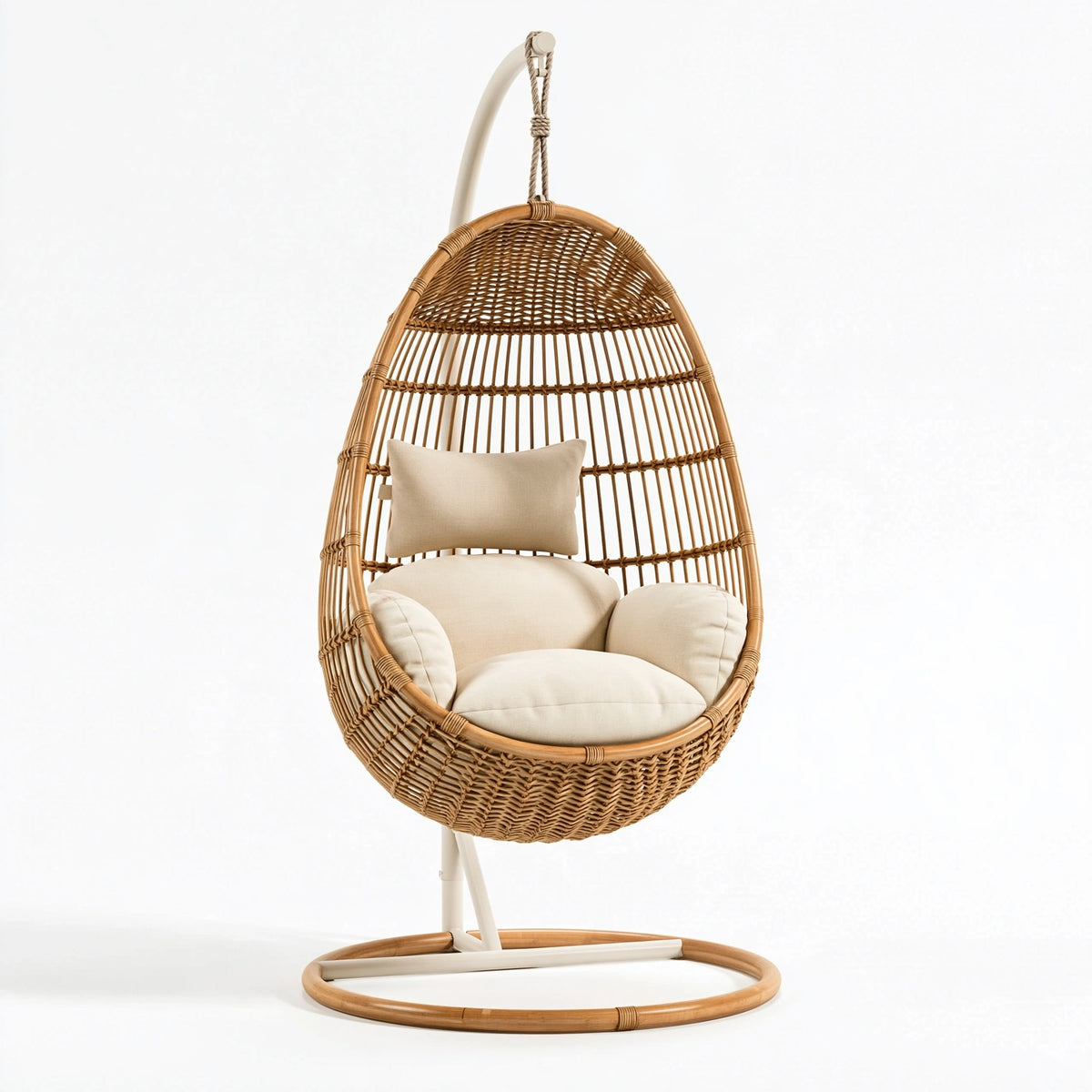 Fauteuil suspendu 105 x 105 x 195 cm en rotin brun avec support blanc style bohème