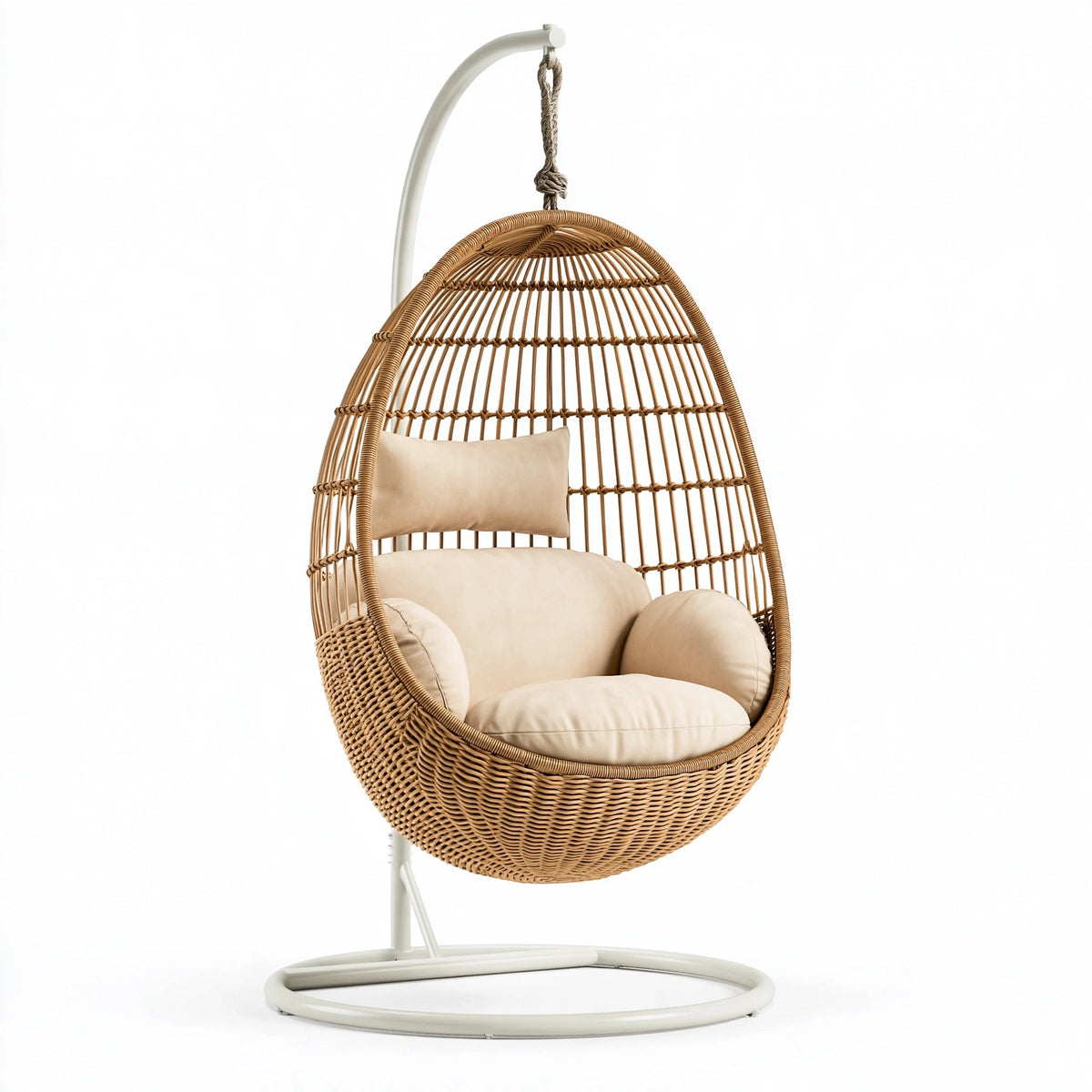 Fauteuil suspendu 105 x 105 x 195 cm en rotin naturel avec support métal blanc style bohème