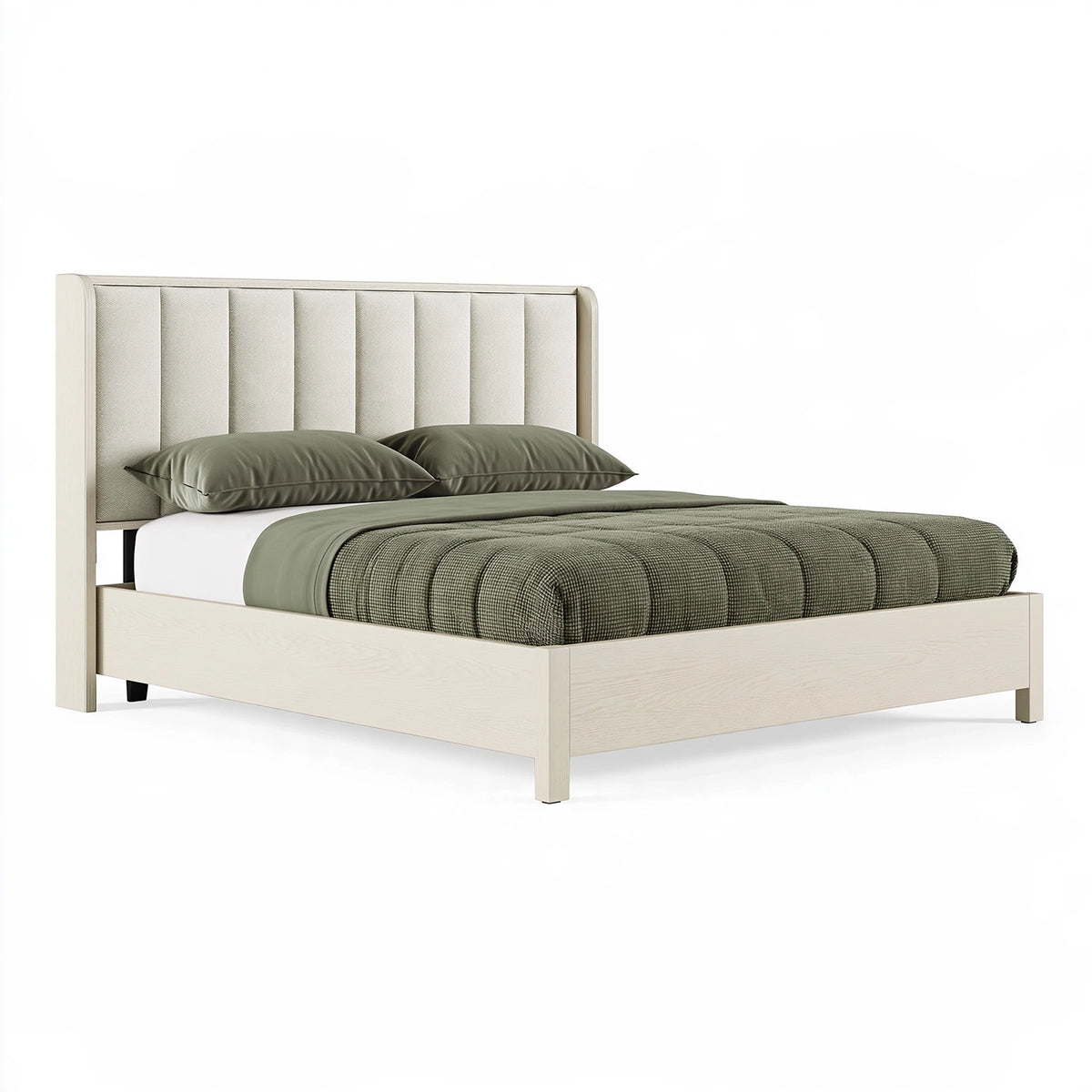 Lit double 160 x 200 cm en bois blanc cassé avec tête de lit rembourrée style contemporain