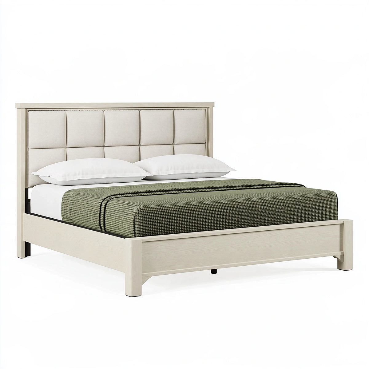Lit 160 x 200 cm en bois beige avec tête de lit capitonnée style contemporain