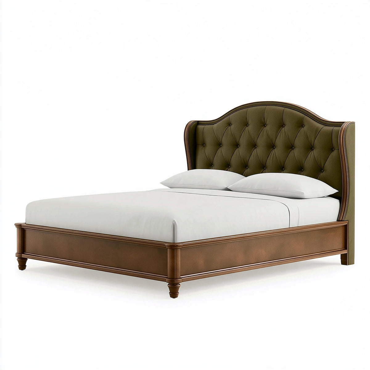 Lit double 160 x 200 cm en bois marron et similicuir vert olive - tête de lit capitonnée classique