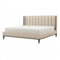 Lit double 180 x 200 cm en tissu beige et bois - tête de lit capitonnée classique