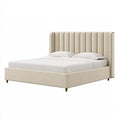 Lit double 160 x 200 cm en tissu beige - tête de lit capitonnée style classique