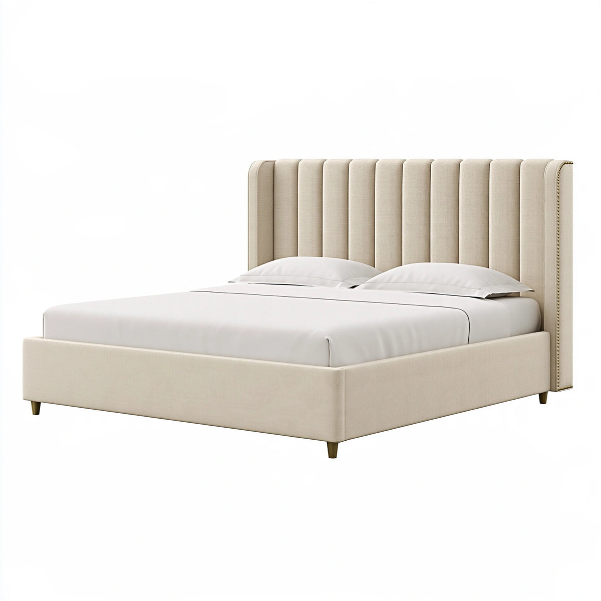 Lit double 160 x 200 cm en tissu beige - tête de lit capitonnée style classique