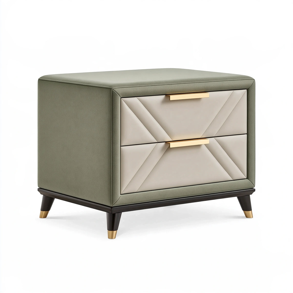 Table de chevet 50 x 40 x 60 cm revêtement textile vert et beige 2 tiroirs style contemporain