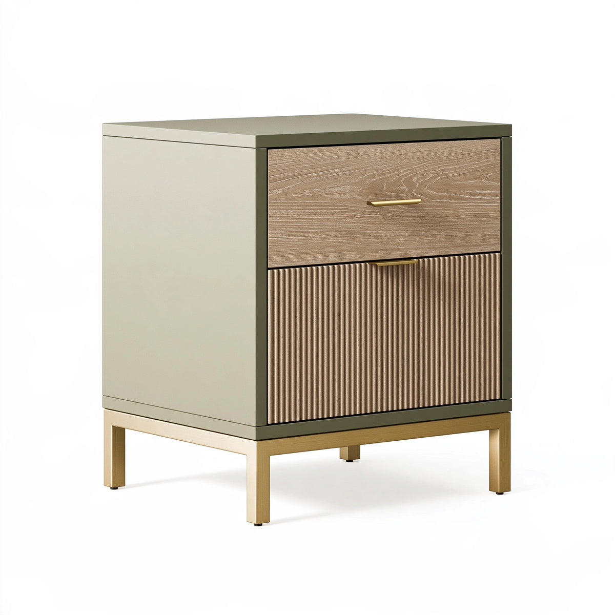 Table de chevet 50 x 40 x 60 cm en bois brun et vert kaki avec tiroirs style contemporain