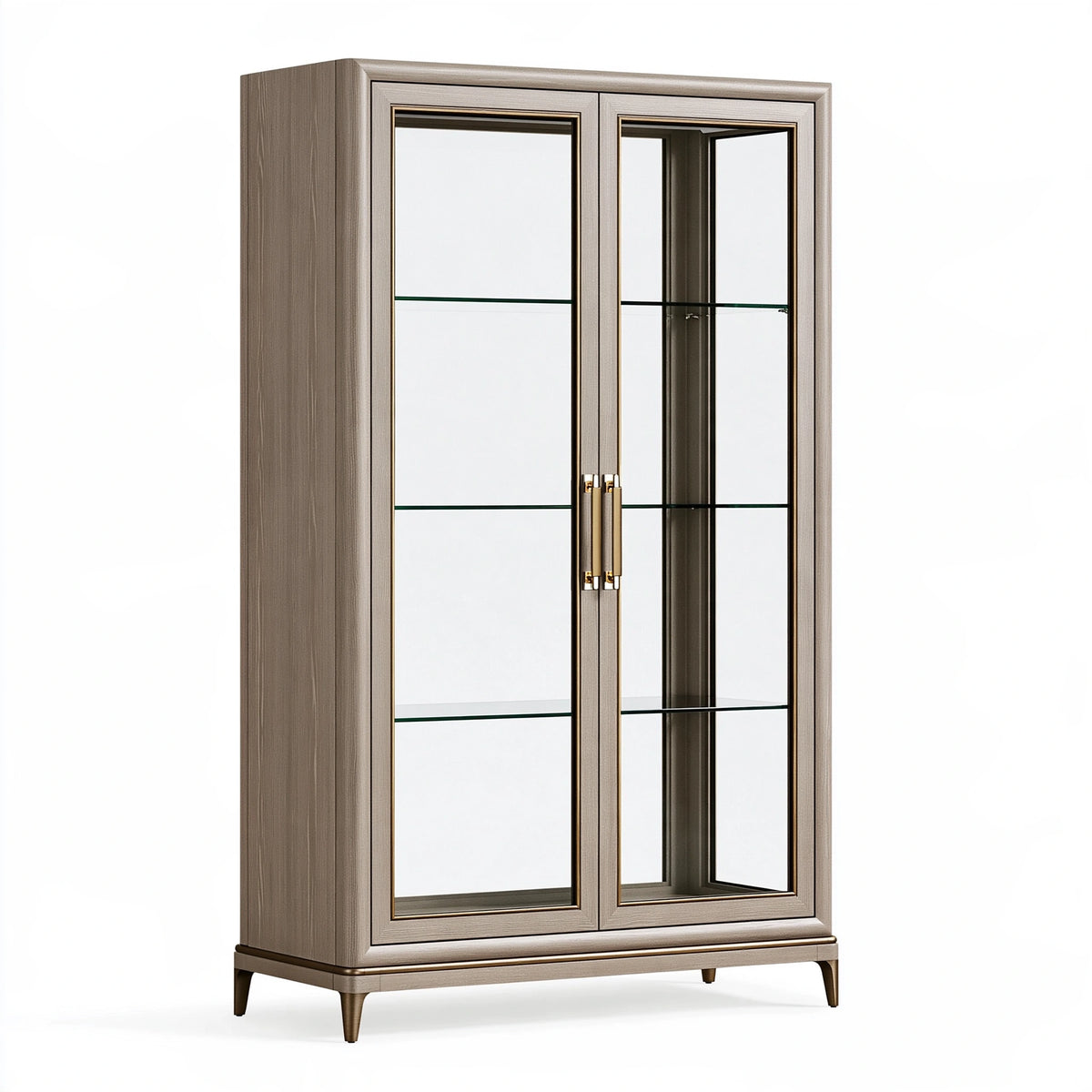 Vitrine 100 x 45 x 200 cm en panneaux aspect bois taupe et verre style classique à 2 portes